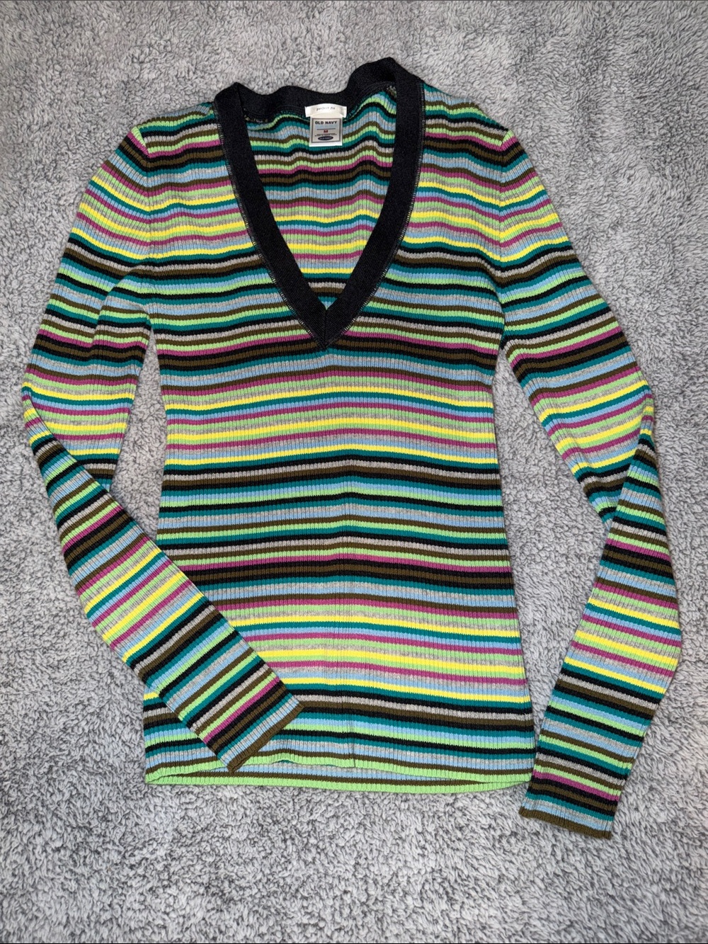 Vintage Y2K Old Navy Rainbow Striped V-Neck Long Sleeve Top 100% Cotton.